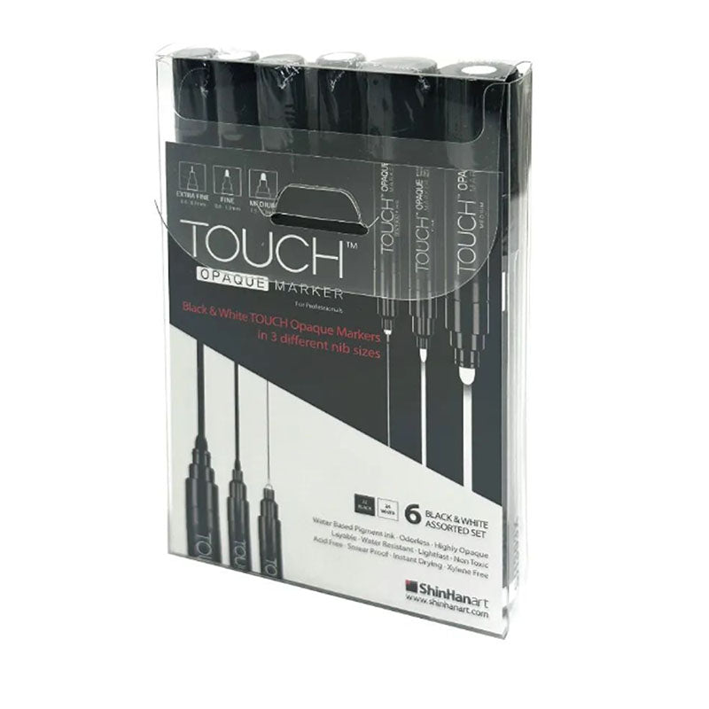 TOUCH Opaque Marker 6pc Extra Fine, Fine, Medium Black & White